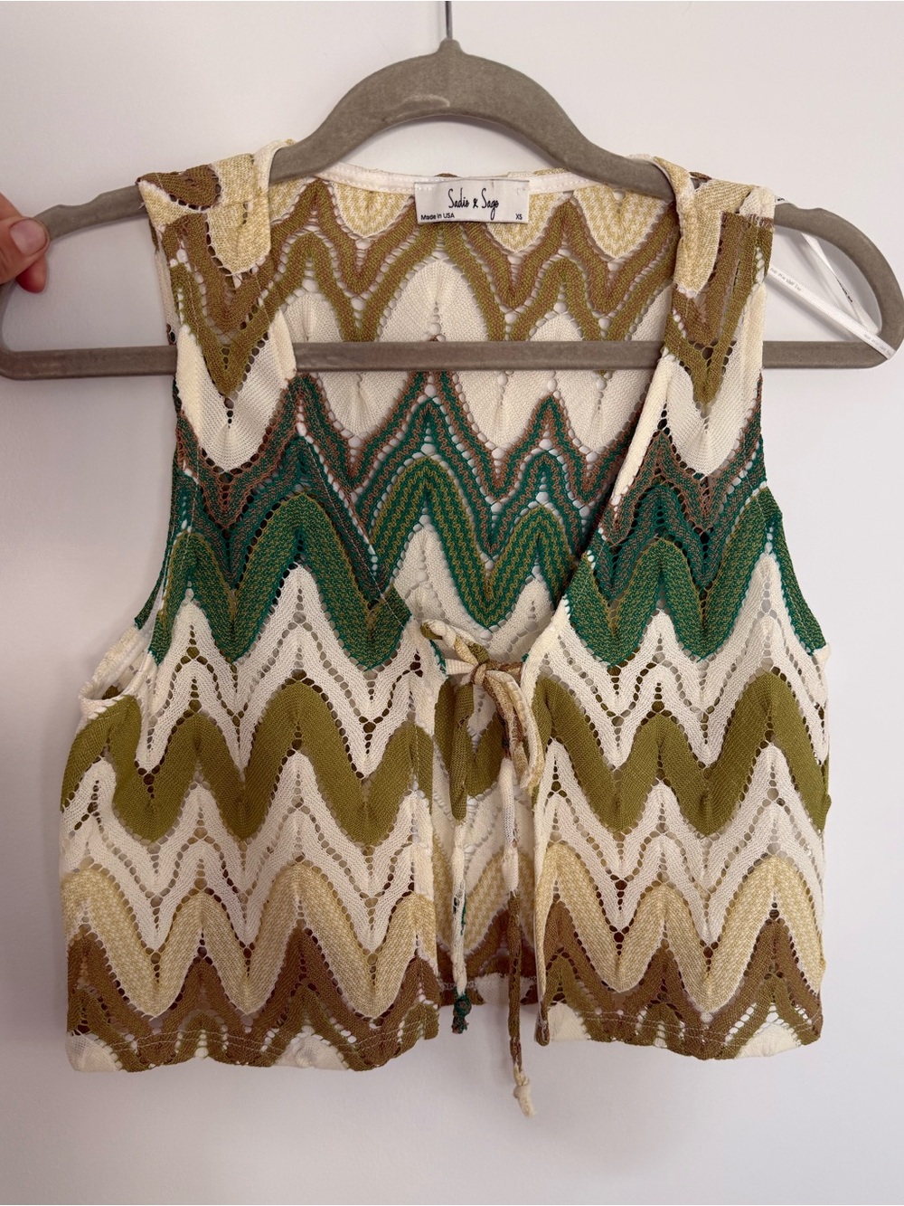 Sadie & Sage Green, Cream & Tan Knit Tie-Front Crop Top